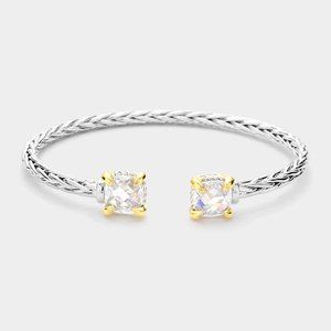 Square CZ Stone Cluster Tip Cuff Bracelet | 10mm Square Crystal Cubic Zirconia